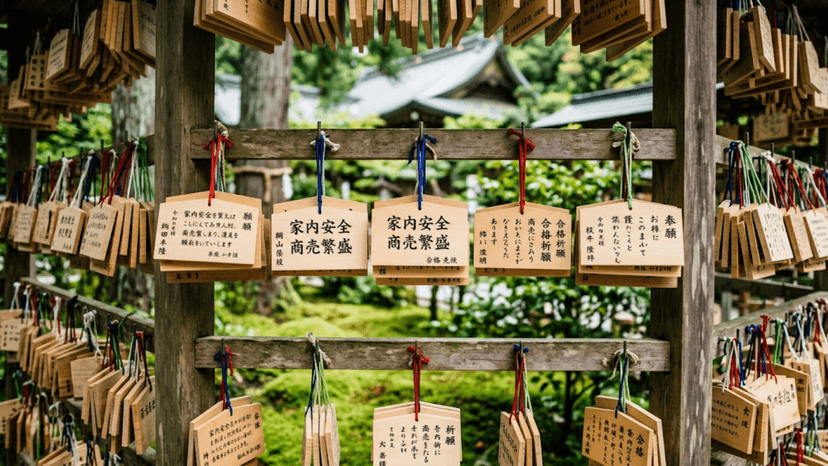 Wooden Ema wishing plaques hanging at Meiji Jingu shrine.
