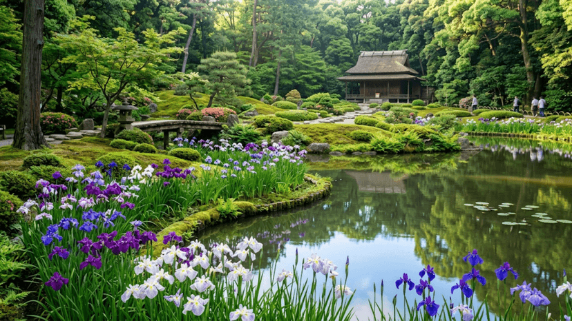 Beautiful blooming irises in Meiji Jingu Inner Garden.