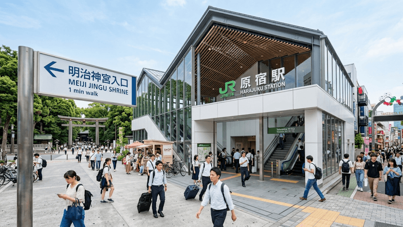 Harajuku Station entrance near Meiji Jingu in Tokyo.
