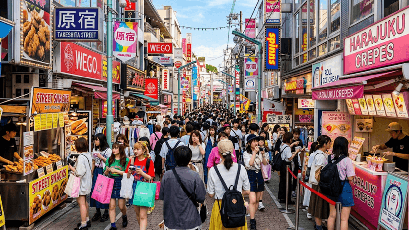 Crowded and vibrant Takeshita Street in Harajuku, Tokyo.