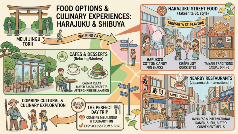 An illustrated food guide for Harajuku and Shibuya showing street food like crepes, cafes with matcha desserts, and various nearby restaurant options for travelers.