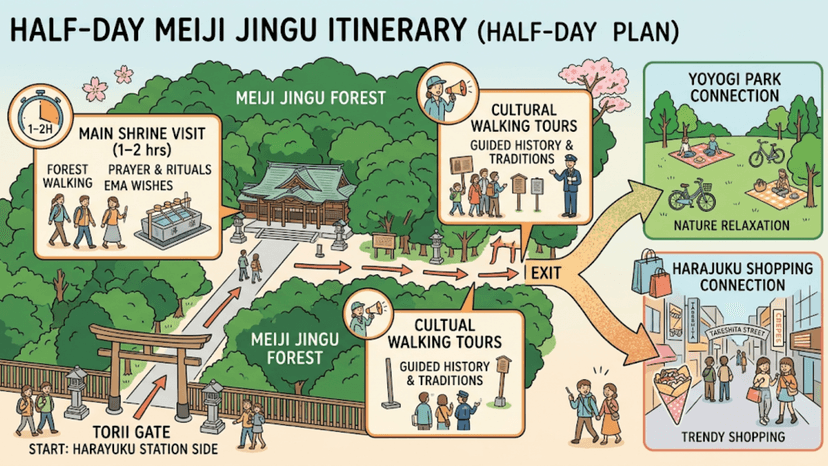 A map showing a half-day itinerary for Meiji Jingu Shrine, including forest paths, cultural tours, and connections to Yoyogi Park and Harajuku shopping.