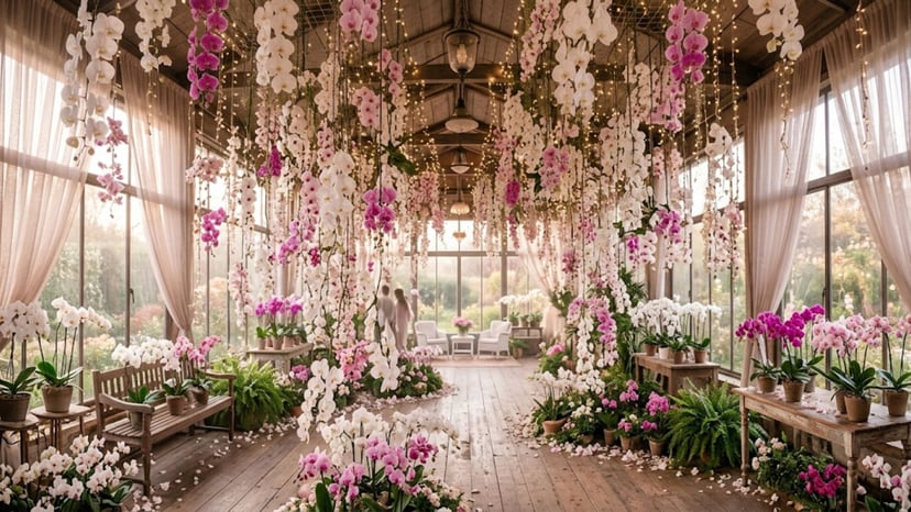 A wide-angle view of the 'Floating Flower Garden' where thousands of real orchids hang from the ceiling.