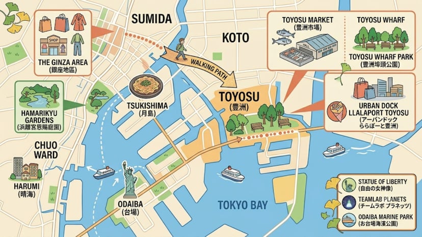 A digital map showing teamLab Planets location in Toyosu relative to Tokyo Bay and Odaiba.