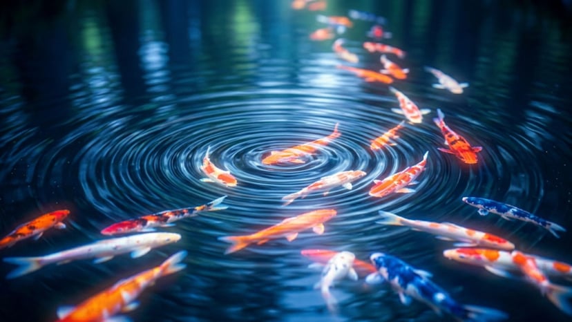 A close-up of digital koi fish swimming across the reflective water floor as a person walks through.