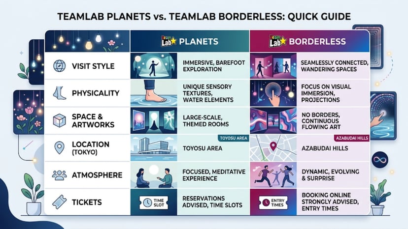 A comparison table graphic showing TeamLab Planets vs. Borderless key features.