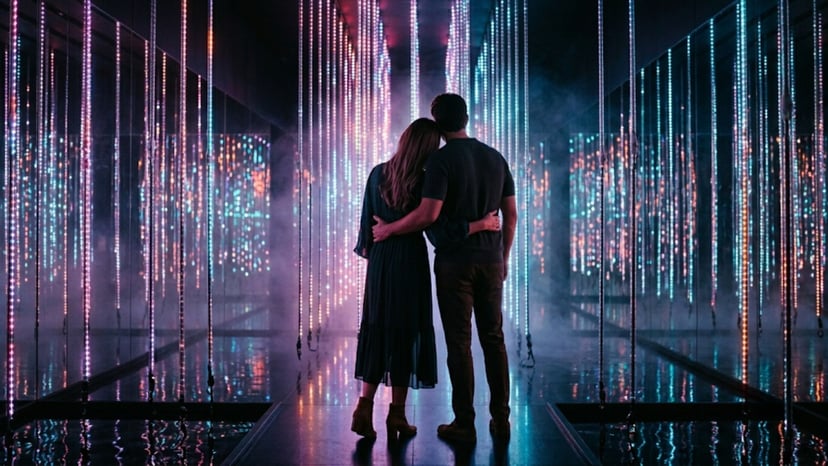 A romantic couple standing in a dimly lit, glowing room at teamLab Planets during an evening visit.