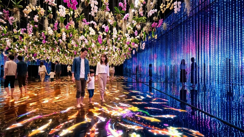 A family walks barefoot through a glowing water art exhibit filled with digital koi fish and hanging flowers at teamLab.