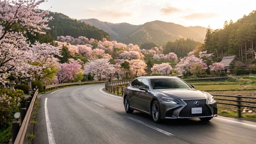 A comfortable private car driving through a beautiful Japanese countryside road during the spring holiday season.