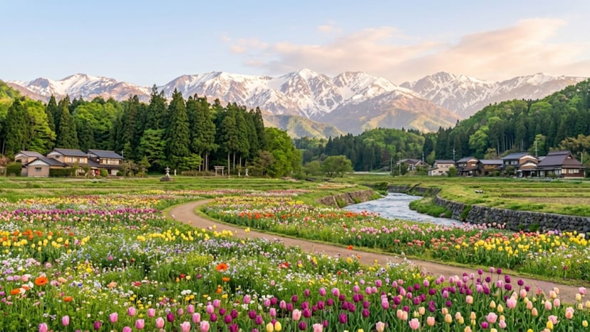 A beautiful, peaceful landscape in the Japanese Alps with blooming spring flowers, ideal for a quiet getaway.