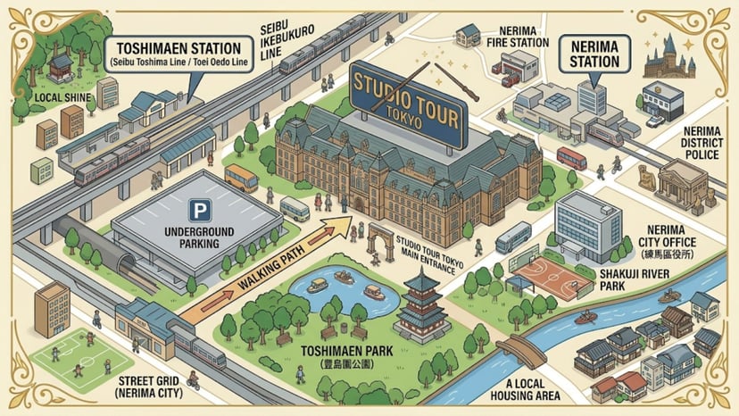 A 3D map graphic showing the Studio Tour location near Toshimaen Station.