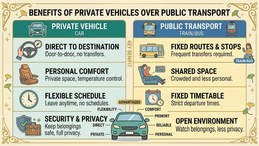 A comparison chart showing benefits of private vehicles over public transport.