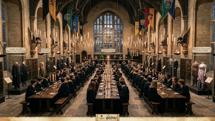 The iconic Great Hall set with long tables and authentic movie costumes on display.