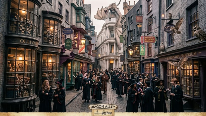 A bustling view of Diagon Alley with magical shopfronts and cobblestone streets.