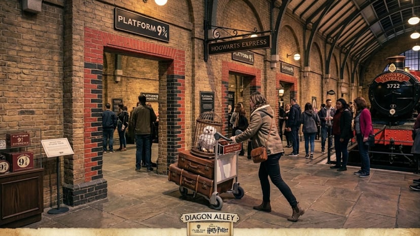 A visitor pushing a luggage trolley through the iconic wall at Platform 9¾.