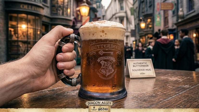 A close-up of a refreshing Butterbeer with frothy foam in a souvenir mug.