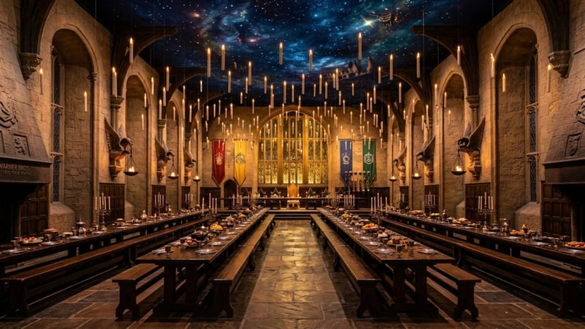 Immersive Hogwarts Great Hall set at Warner Bros. Studio Tour Tokyo with floating candles and magical decor.