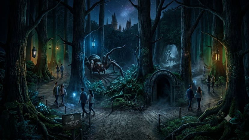 Visitors exploring the mysterious Forbidden Forest set at the Warner Bros. Studio Tour Tokyo, featuring a large spider and centaur.