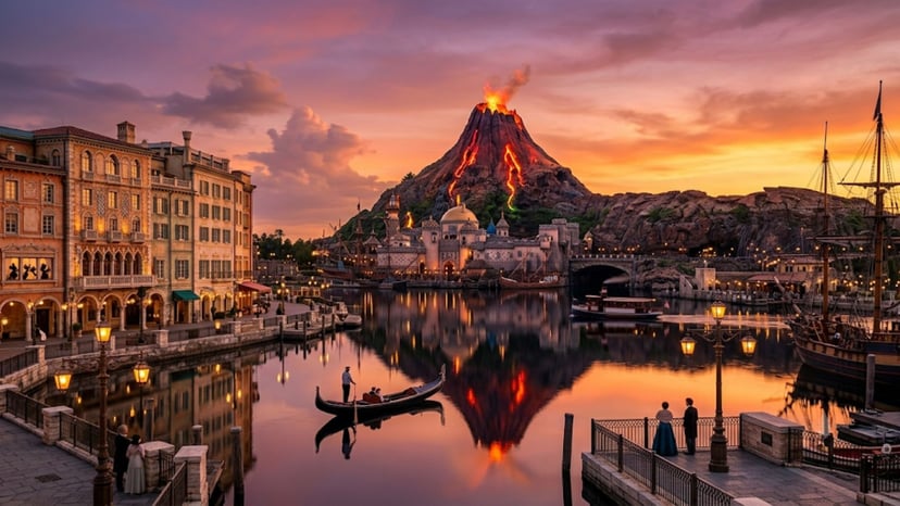 The beautiful Mediterranean Harbor at Tokyo DisneySea featuring a glowing volcano and shimmering canal waters at sunset.