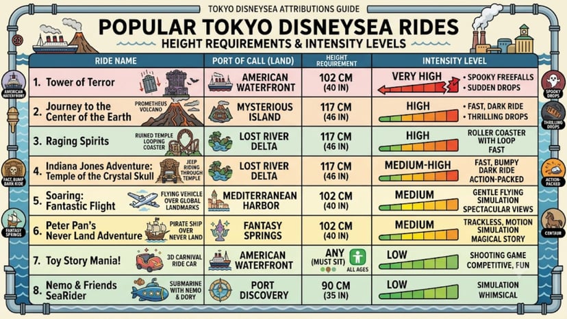 Table showing height requirements and intensity levels for popular Tokyo DisneySea rides.