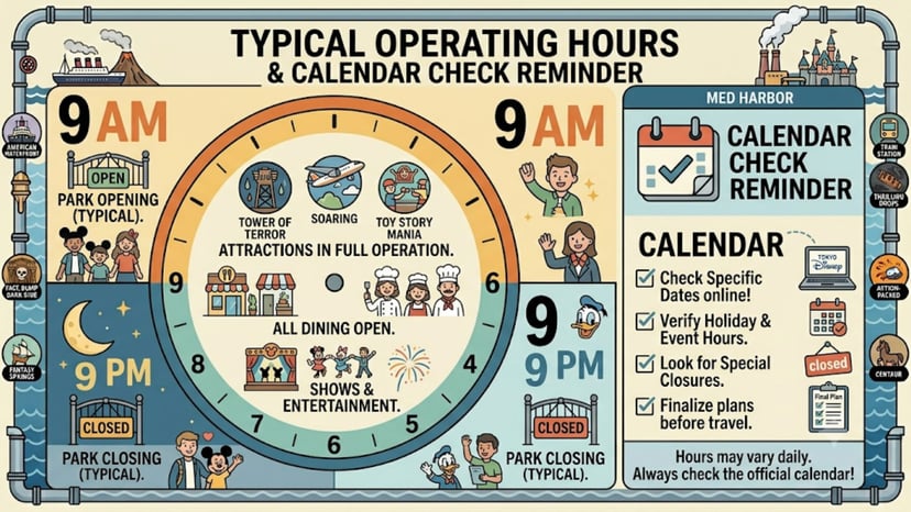 Infographic showing typical 9 AM - 9 PM operating hours and calendar check reminder.