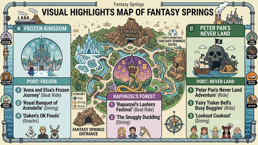 A visual highlights map of Fantasy Springs with Frozen, Tangled, and Peter Pan icons.