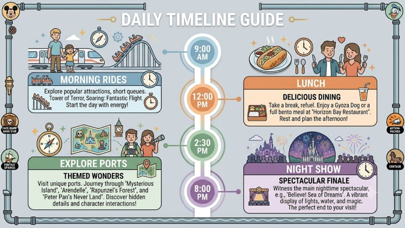 A simplified 1-day timeline visual: Morning rides, Lunch, Afternoon ports, Night shows.