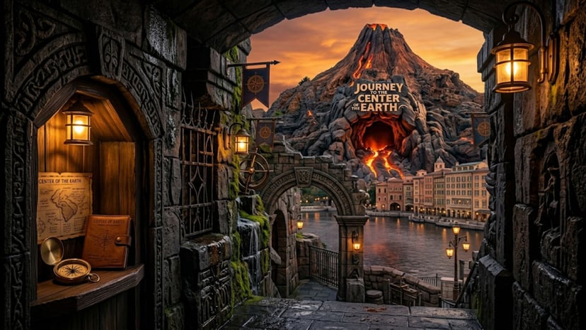A dramatic view of the Mysterious Island volcano and hidden passages in Fortress Explorations at Tokyo DisneySea.