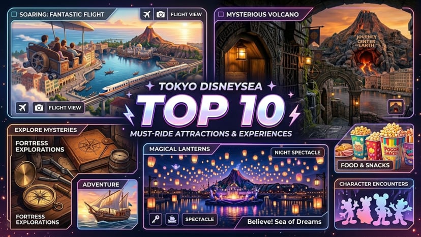A vibrant collage showcasing the top 10 must-ride attractions at Tokyo DisneySea for an unforgettable visit.