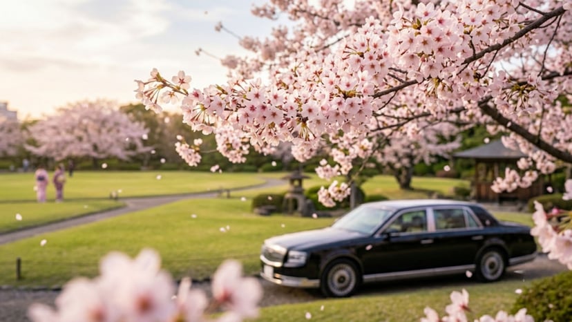 Soft-focus cherry blossoms above a wide, green lawn at Shinjuku Gyoen during spring.