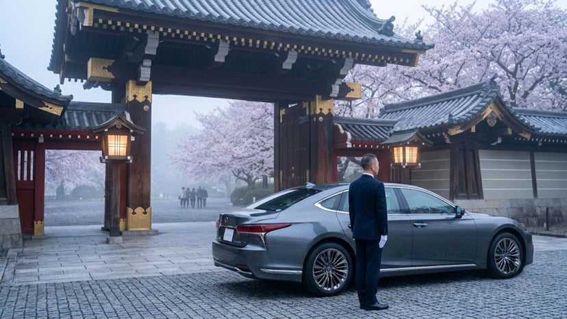 A premium private vehicle waiting at the entrance of Shinjuku Gyoen for a seamless garden visit.