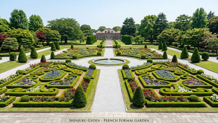 The geometric symmetry of the French Formal Garden at Shinjuku Gyoen National Garden.