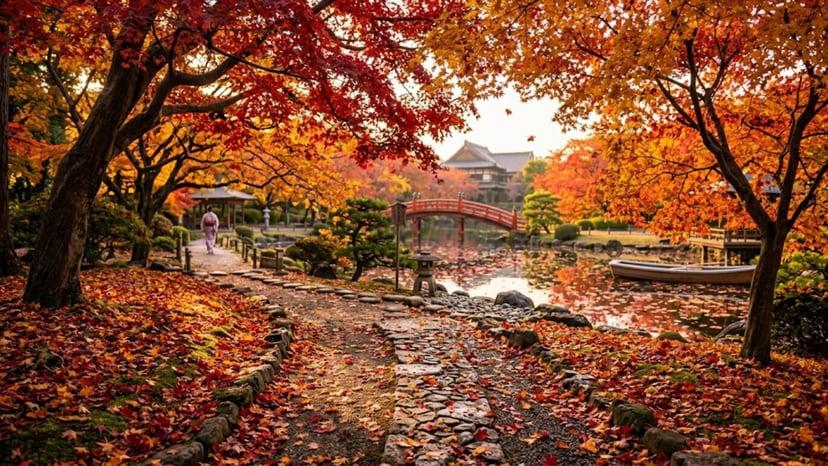 Vibrant red and orange maple leaves lining the paths of Shinjuku Gyoen in autumn.