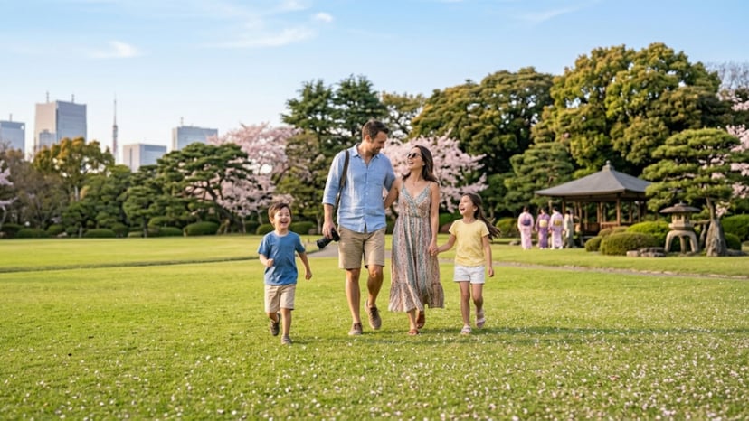 Families enjoying the vast open green lawns and peaceful walking paths at Shinjuku Gyoen.