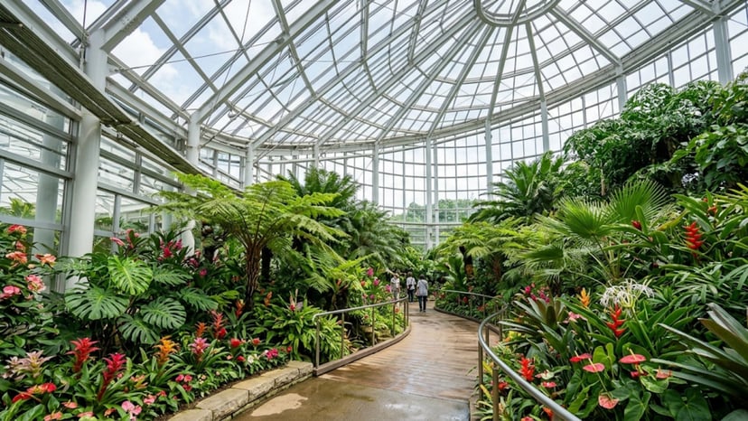 A lush, green tropical greenhouse filled with exotic plants inside Shinjuku Gyoen