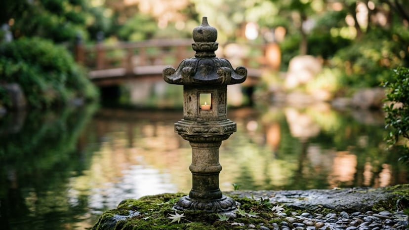 A traditional stone lantern frame capturing the serene reflection in Shinjuku Gyoen's pond.