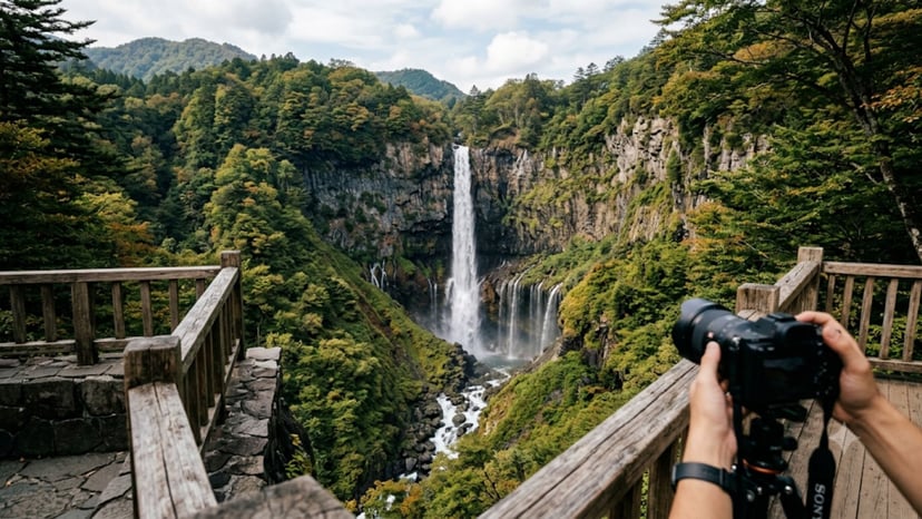 Panoramic view of Kegon Waterfall from the main observation deck, showcasing its 97-metre drop.