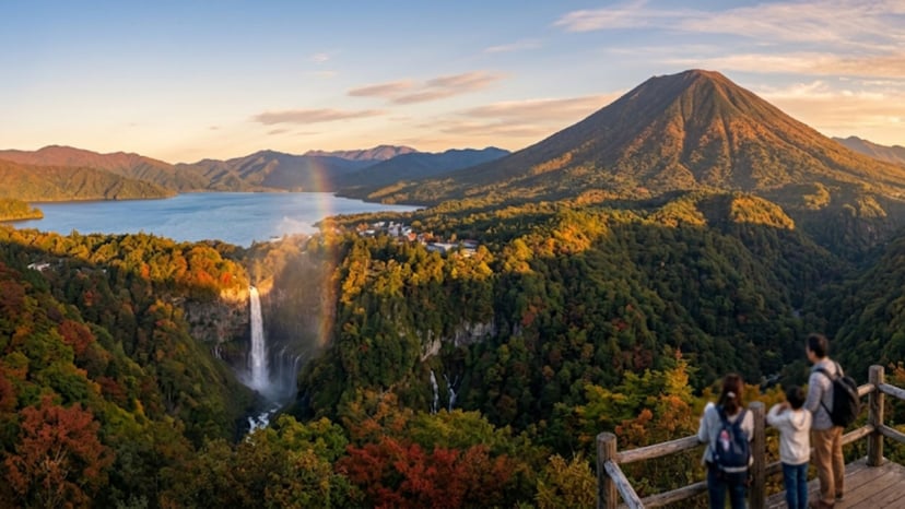 "Panoramic landscape view of Kegon Waterfall and Lake Chuzenji from the Akechidaira Observatory.