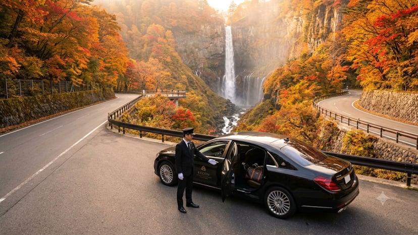 A private luxury tour vehicle parked on a scenic mountain road leading to Kegon Waterfall.