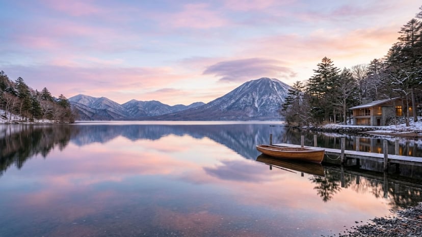 The serene and reflective waters of Lake Chuzenji, the source of Kegon Waterfall