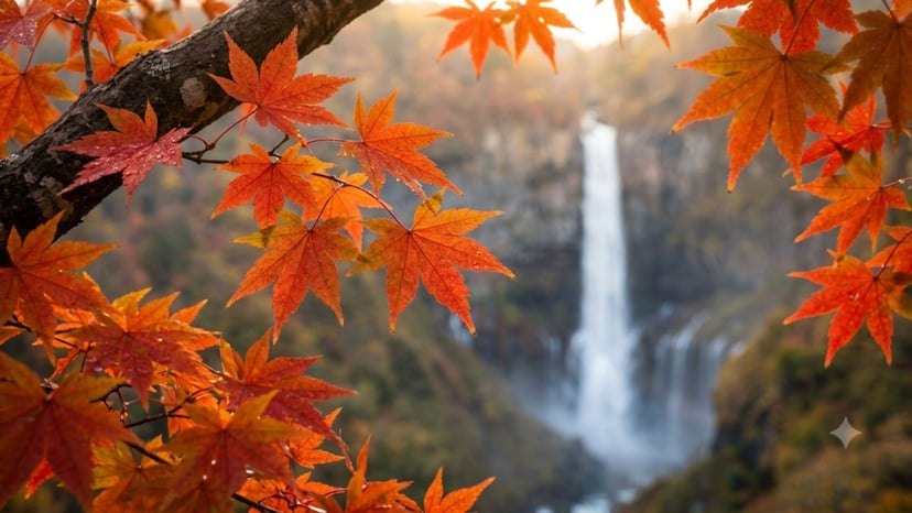 Vibrant red maple leaves at Nikko, creating a perfect frame for the Kegon Waterfall scenery.