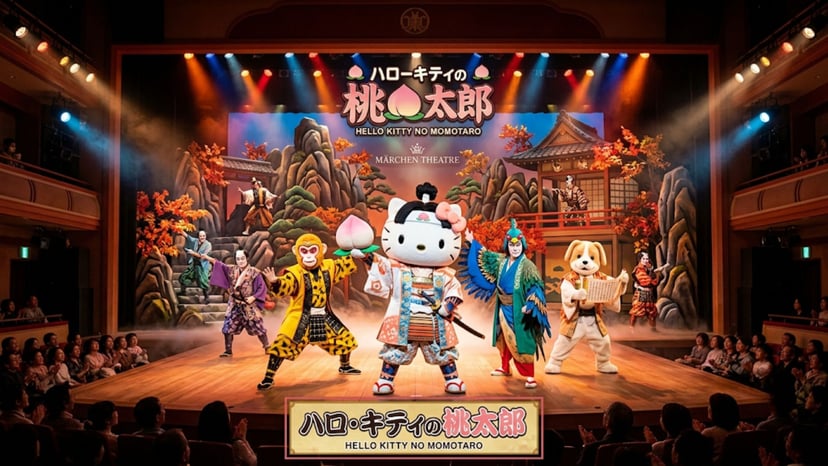 A dynamic Kawaii Kabuki performance at Sanrio Puroland featuring Sanrio characters in traditional attire.