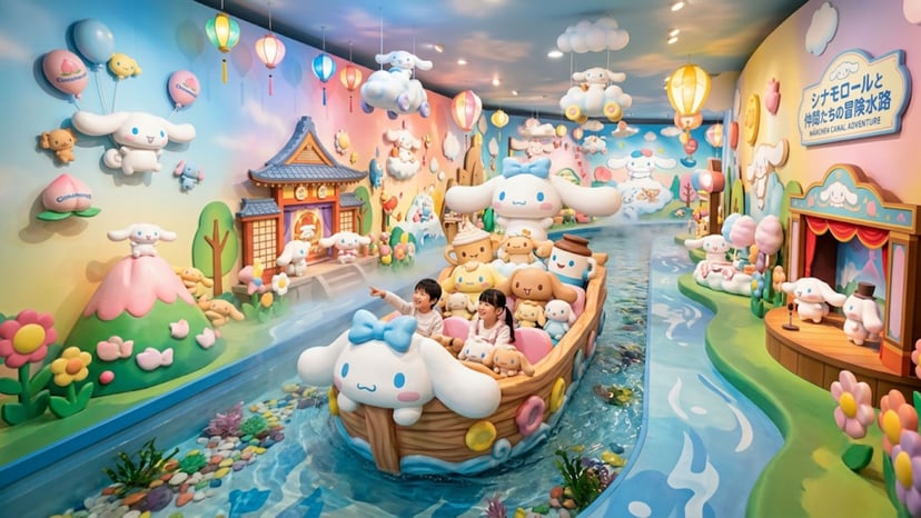 Families enjoying the whimsical Sanrio character boat ride through character town.