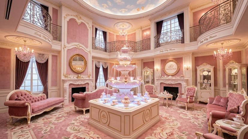 Inside the elegant and luxurious Lady Kitty House at Sanrio Puroland.