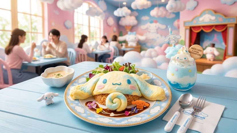 Delicious and adorable Cinnamoroll-themed food at the Sanrio Puroland Dream Café.