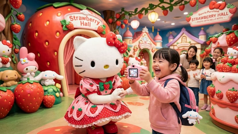 A young fan sharing a special moment with Hello Kitty during a meet-and-greet at Strawberry Hall.