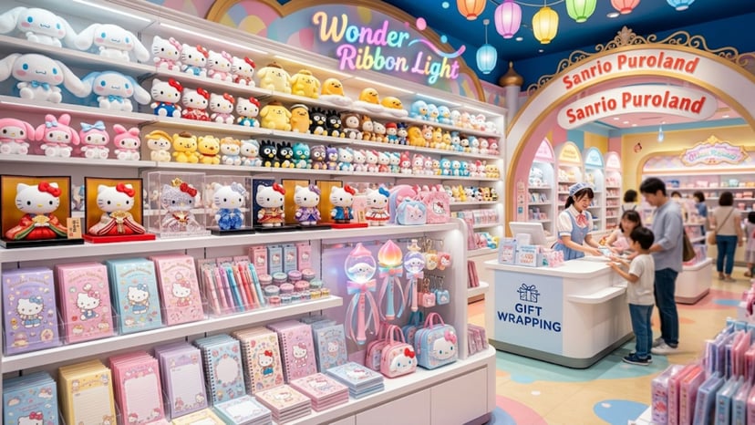 An extensive selection of exclusive Sanrio merchandise at the Puroland souvenir shop.