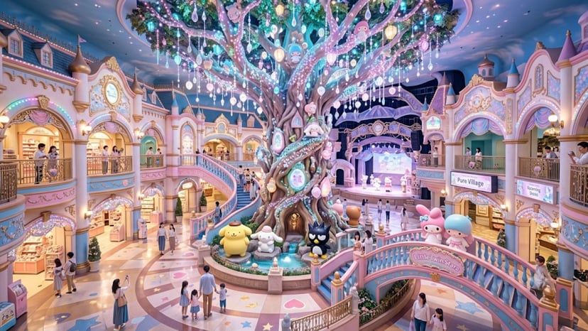 The magical and colorful indoor plaza at Sanrio Puroland, the ultimate Hello Kitty theme park in Tokyo.