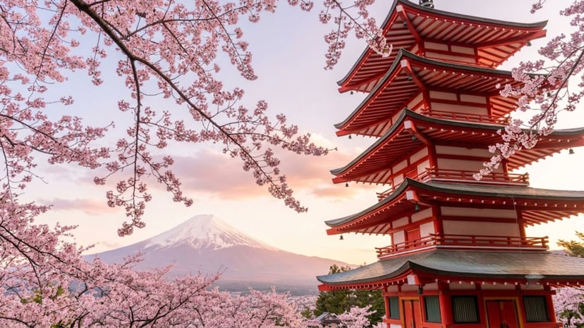 Iconic Chureito Pagoda with Mount Fuji and cherry blossoms