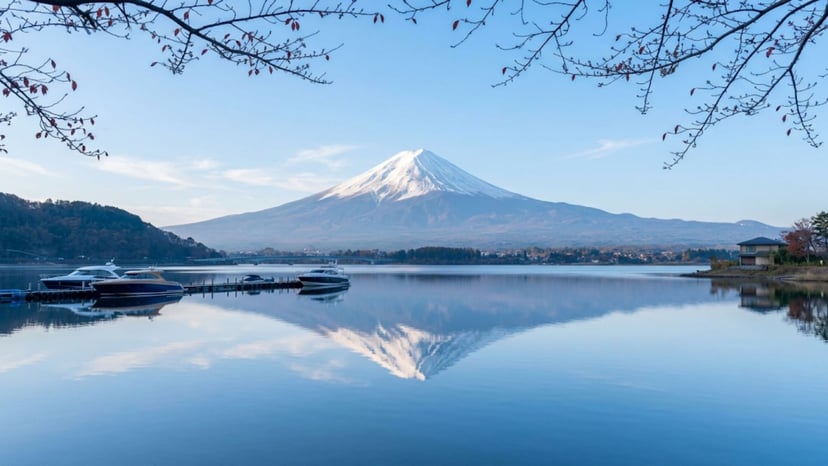 Mount Fuji perfectly reflected in the crystal-clear waters of Lake Kawaguchi.